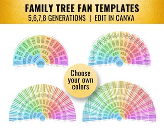 DIY Color Bundle: 5-8 Generation Sunrise Family Tree Fan Template (14x11 - 30x20, Canva)