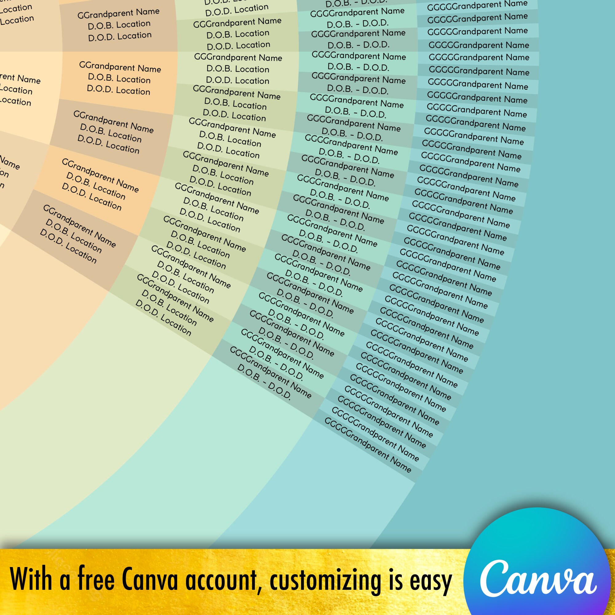 Family Tree Template for 7 Generations, With a Coastal Palette Fan ...