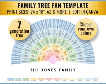 DIY Color: 7 Generation Rainbow Family Tree Fan Template (24x18 & A2, Canva)