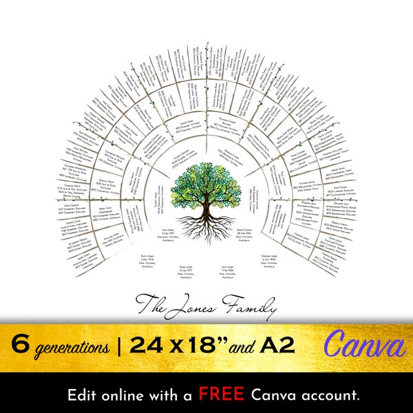 Family tree template, 6 generations, with a tree of life design, family reunion decor, digital download by BeksPress