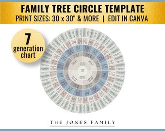 Coastal 7 Generation Family Tree Circle Template (30x30", Canva)