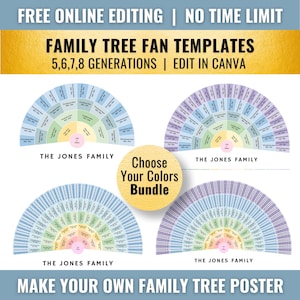 DIY Color Bundle: 5-8 Gen Rainbow Family Tree Fan Template (14x11 - 30x20 & A1-3, Canva)