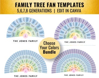 DIY Color Bundle: 5-8 Gen Rainbow Family Tree Fan Template (14x11 - 30x20 & A1-3, Canva)