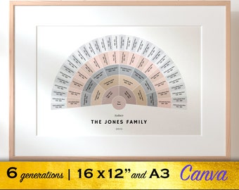 Canva Family Tree Template - Scandi Palette Fan Chart - 6 Generations - 16 x 12" & A2 - by BeksPress