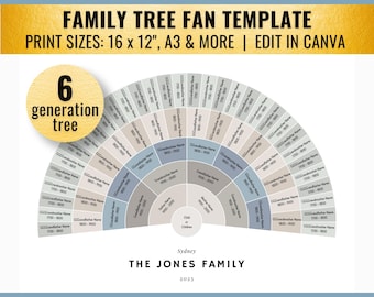 Coastal 6 Generation Family Tree Fan Template (16x12" & A3, Canva)