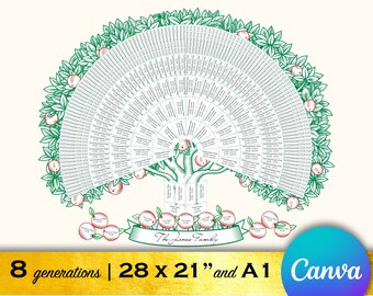 Family Tree Template, Folk Art Apple Tree Design, 8 generations, Custom Gift for Grandma or Family Reunion, Digital Download by BeksPress