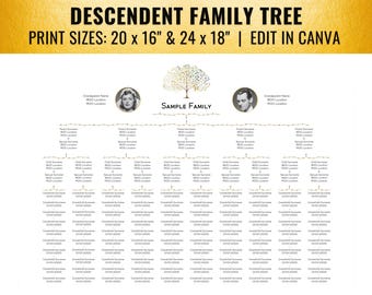 10-12 Children, Descendent Family Spring Tree, 4 Generations (20x16 - 24x18, Canva)