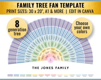 DIY Color: 8 Generation Rainbow Family Tree Fan Template (30x20 & A1, Canva)