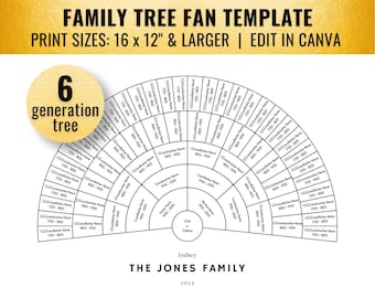 B&W 6 Generation Family Tree Fan Chart Template (16x12, Canva)