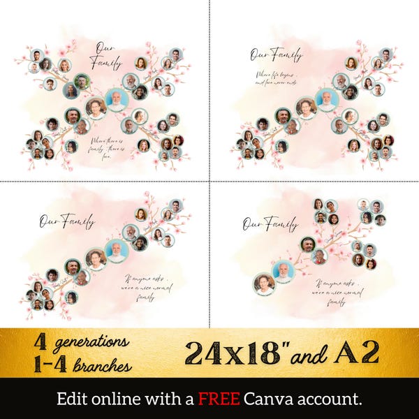 Plantilla de cerezo con foto familiar: 1-4 ramas, 4 generaciones (24 x 18 y A2, Canva)