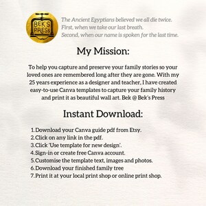 May include: A digital download advertisement with text on a cream background. The text includes "BEK'S PRESS" logo, "My Mission", and "Instant Download" instructions. The ad promotes Canva templates for family history and wall art.
