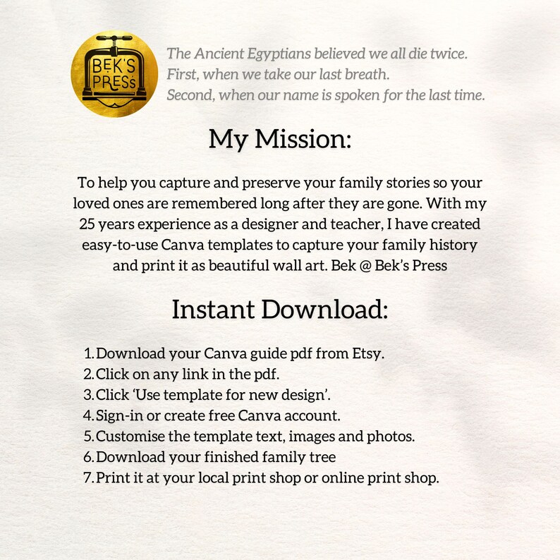 May include: A digital download advertisement with text on a cream background. The text includes "BEK'S PRESS" logo, "My Mission", and "Instant Download" instructions. The ad promotes Canva templates for family history and wall art.