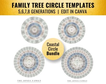 Coastal Bundle 5 - 8 Generation Family Tree Fan Chart Templates (20x20" & 30x30", Canva)