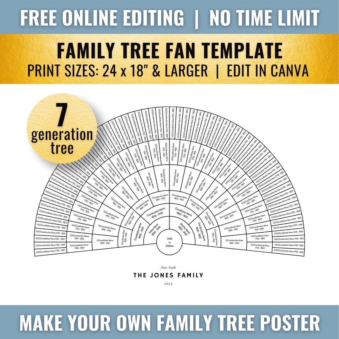 B&W 7 Generation Family Tree Fan Chart Template (24x18, Canva) - Etsy UK
