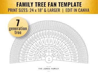 B&W 7 Generation Family Tree Fan Chart Template (24x18, Canva)