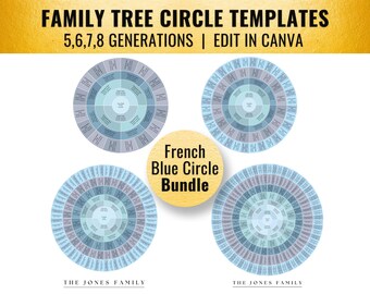 French Blue Bundle 5 - 8 Generation Family Tree Fan Chart Templates (20x20 & 30x30, Canva)