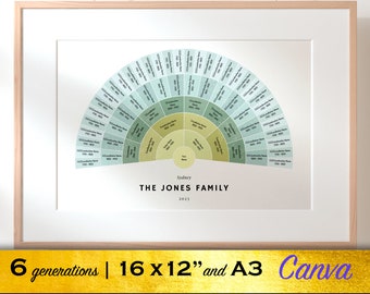 Family tree template for 6 generations, with a moss green fan chart design, by BeksPress