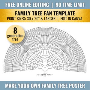 B&W 8 Generation Family Tree Fan Chart Template (30x20, Canva)