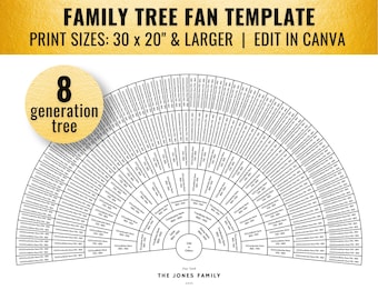 B&W 8 Generation Family Tree Fan Chart Template (30x20, Canva)