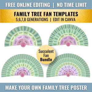 May include: A digital image featuring four fan-shaped family tree templates in pastel colors. The templates are labeled for 5, 6, 7, and 8 generations. Text includes "Family Tree Fan Templates" and "Edit in Canva."