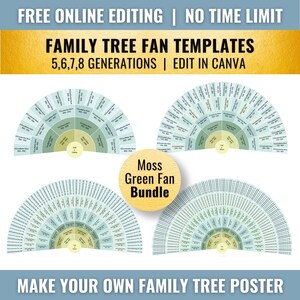 Moss Green Bundle Family Tree Fan Templates: 5 - 8 Generation (14x11 - 30x20 & A1-3, Canva)