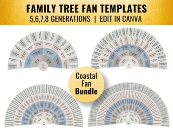 Coastal Bundle 5 - 8 Generation Family Tree Fan Templates (14x11" - 30x20" & A1-3, Canva)
