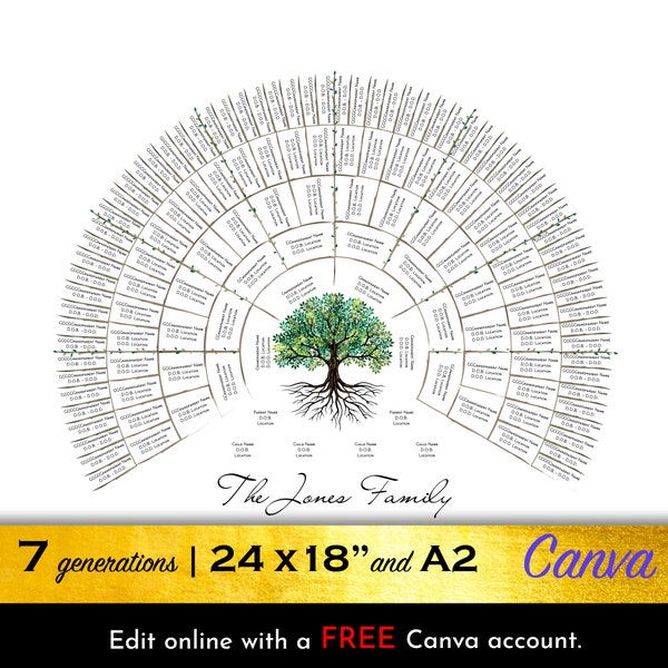 Family tree template, 7 generations, with a tree of life design, family reunion decor, digital download by BeksPress