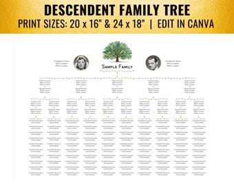 10-12 Children, Descendent Family Life Tree, 4 Generations (20x16 - 24x18, Canva)
