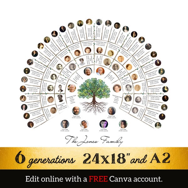 Tree of Life 6 Generation, Photo Family Tree Template (24x18 & A2, Canva)