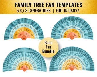Boho Bundle Family Tree Fan Template: 5 - 8 Generation (14x11 - 30x20 & A1-3, Canva)
