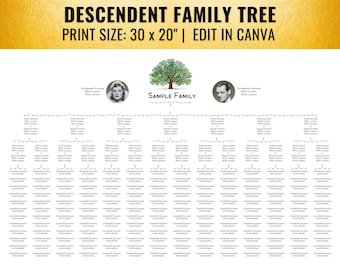 14-16 Children, Descendent Family Life Tree, 4 Generations (30x20, Canva)