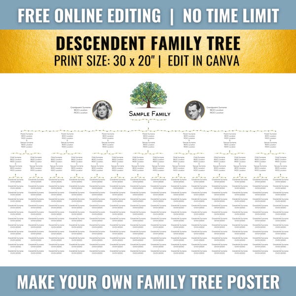 14-16 enfants, arbre généalogique descendant, 4 générations (30 x 20, toile)