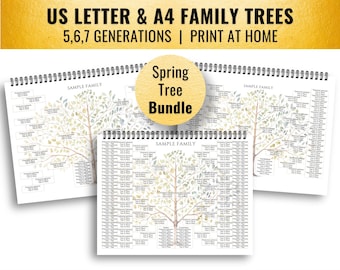 Spring Tree Book Format 5-7 Generation Family Template Bundle (11x8.5 & A4, Canva)