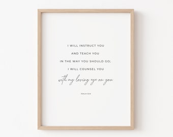 Psalm 32:8, Pouczę cię, Werset biblijny do druku, Sztuka ścienna z wersetem biblijnym, Minimalistyczny wydruk Pisma Świętego, Prezent na ukończenie szkoły, Prezent chrześcijański