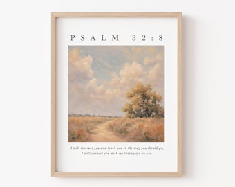 Psalmy 32:8 | Drukowana grafika biblijna | Sztuka ścienna w stylu vintage | Grafika z wersetami biblijnymi | Sztuka ścienna z Psalmem 32:8 | Chrześcijański prezent na ukończenie szkoły