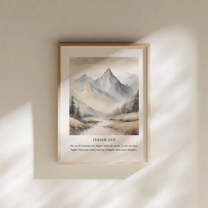 Isaiah 55 9 ESV | Printable Bible Verse Wall Art | Isaiah 55 Mountains Wall Decor | For As The Heavens Are Higher Than The Earth | Neutrals