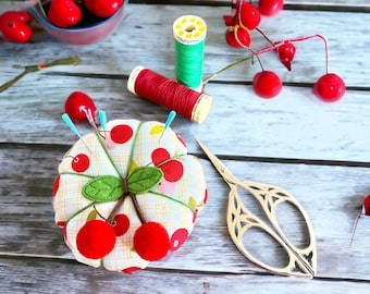 Cherry Pin cushion - cotton fabric, sewing, needles and pins, handmade, storage, notions, embroidery, cross stitch, threads