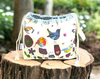 Emma Ball Stitched Birdies Project Bag - sewing, crochet, craft, knitting, needlework, embroidery, craft bag, drawstring bag, storage