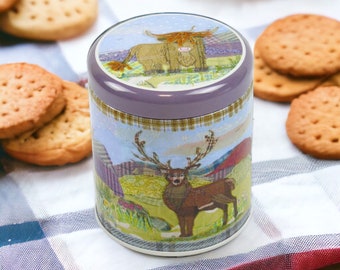 Emma Ball Highland Cow Short Round Caddy Tin - knitting, yarn, craft, notions, tin, pins, buttons, biscuit tin, craft tin, Scotland, Stag