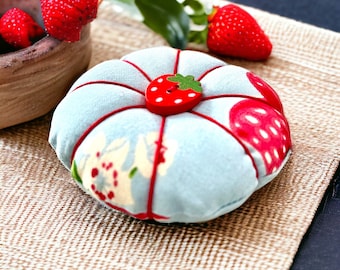 Strawberry Pin cushion - cotton fabric, sewing, needles and pins, handmade, storage, notions, embroidery, cross stitch, threads