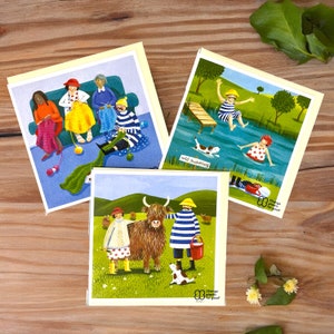 Emma Ball and Claire Henley Greeting Cards set of 3 - UK, birthday card, celebration, Highland Cow, Knitting, Wild Swimming