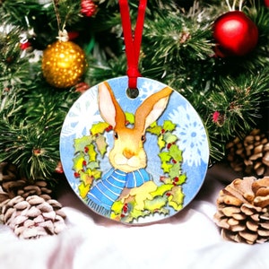 Winter Hare Bauble Card - Emma Ball UK, Christmas, stationery, gift, decoration, tree, festive, rabbit, Holly, ribbon
