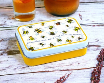 Emma Ball Bees small rectangular tin - knitting, yarn, craft, notions, haberdashery, tin, pins, buttons, sewing tin