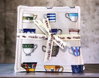 Time for tea reversible coasters (set of four) - mug rug, cotton fabric, tea, coffee, gift, birthday, Mother's Day, home decor
