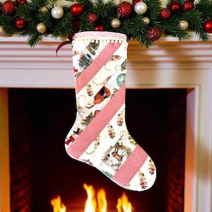 May include: A festive Christmas stocking with a patchwork design. The stocking has diagonal stripes of pink polka dots and patterned fabric with Christmas scenes. The background includes a fireplace and a garland with baubles.
