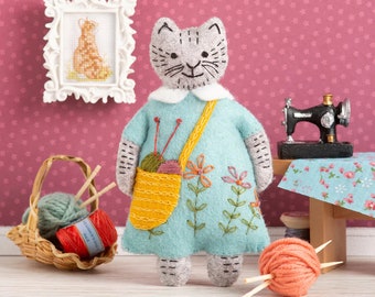 Corinne LaPierre Mrs Cat Loves Knitting Felt Embroidery Kit - decoration, ornament, needlework, sewing kit, craft kit, animal, feline