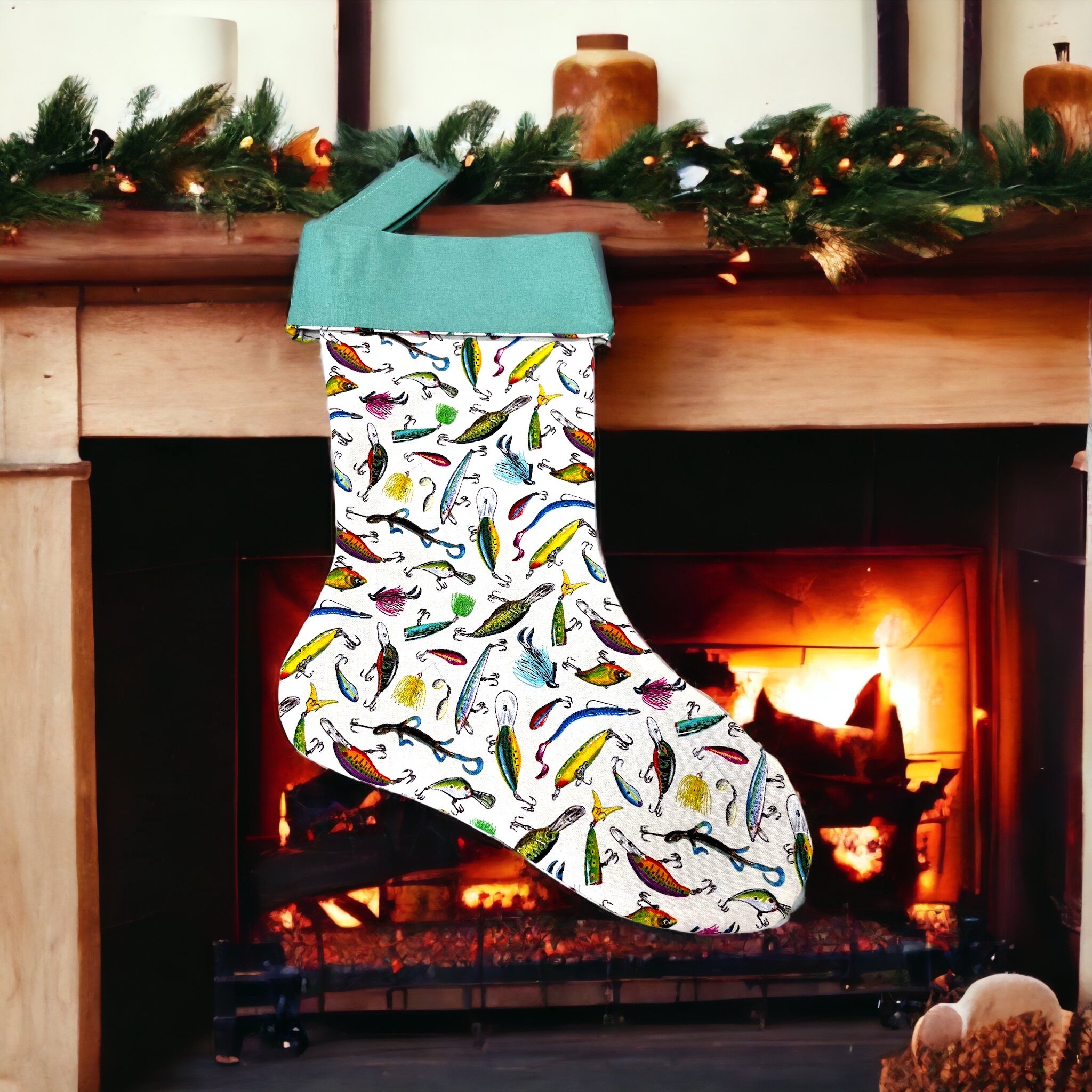 Gone Fishing Christmas Stocking Festive, Lures, Fly Fishing, Lined, Home  Decor, Cotton, Fireplace, Gift, Present, Fishing Rod 