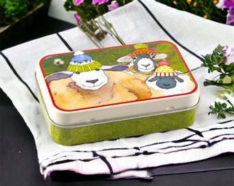 Emma Ball Sheep in Hats small rectangular tin - knitting, yarn, craft, notions, haberdashery, tin, pins, buttons, sewing tin