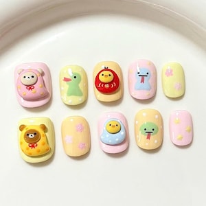 Paznokcie Rilakkuma/Śliczne paznokcie/Ręcznie malowane urocze zwierzęta/świeży kolor/słodkie/Ręcznie robione/nakładane paznokcie/żelowe paznokcie/krótkie paznokcie/3D paznokcie
