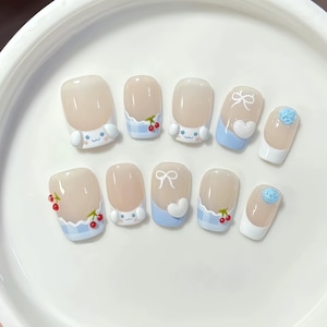 Sanrio Jade Dog Three-dimensional French/Grid French/Cute Little Cherry/Love//cute/Handmade/press on nails/gel nails/short nails